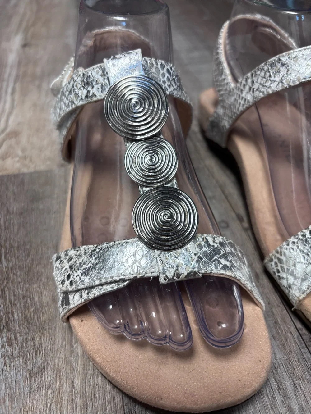 Vionic Farrah Metallic Snake Print T-Strap Sandals with Silver Spiral Accents